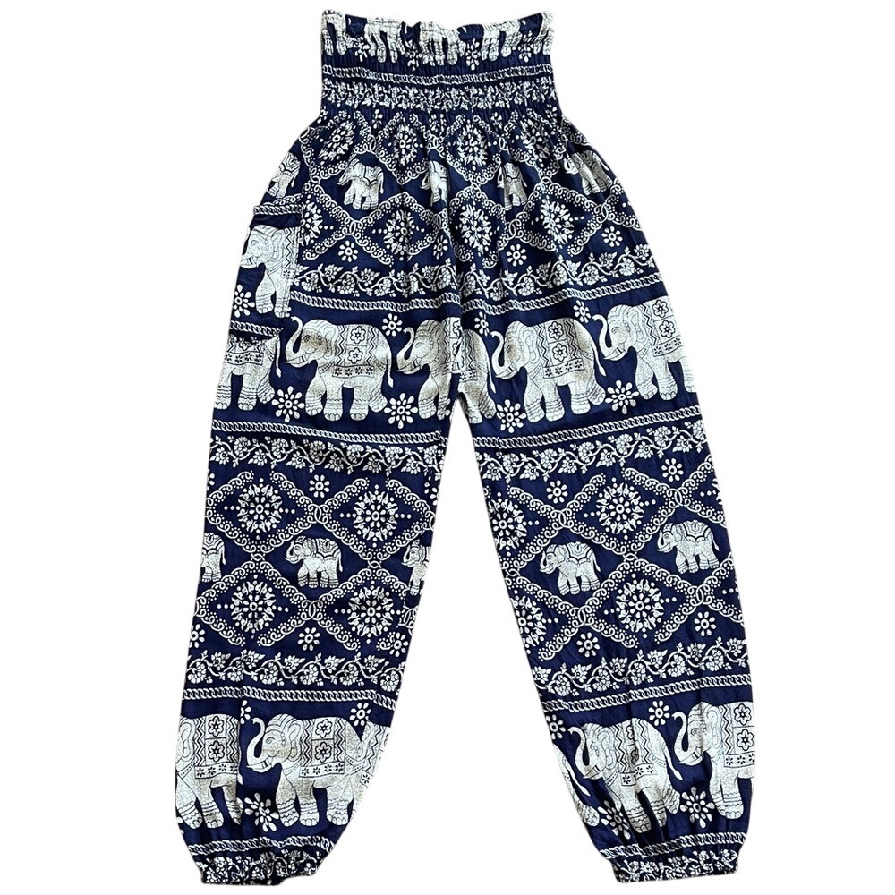 Bangkokpants Boho Elephant Print Smocked Waist Harem Pants XS/S